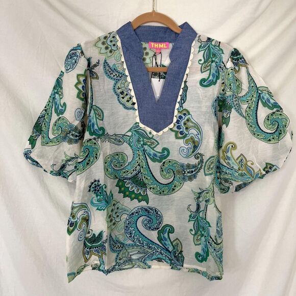 THML Tops - NWT THML short-sleeve top green blue paisley pattern denim-style V-neck collar M